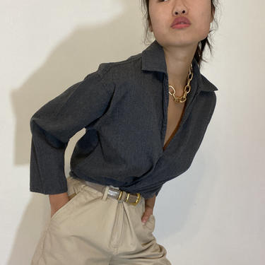 90s wool challis blouse / vintage charcoal gray soft wool challis open blouse over shirt | M L 