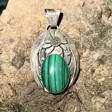 Vintage Navajo Sterling and Malachite Pendant by Navajo Artist Gertie Ganadonegro Floral 1970s Jewelry 
