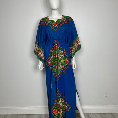 Vtg 70s colorful dashiki print maxi dress angel sleeve caftan 