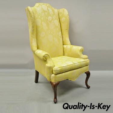 Vintage Thomasville Queen Anne Tall Wingback Lounge Arm Chair Yellow Upholstery