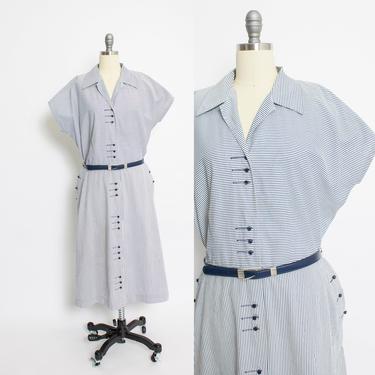 Vintage 1950s Shirt Front Dress - Blue &amp; White Striped Chevron Full Skirt Day Dress 50s - XL Extra Large 