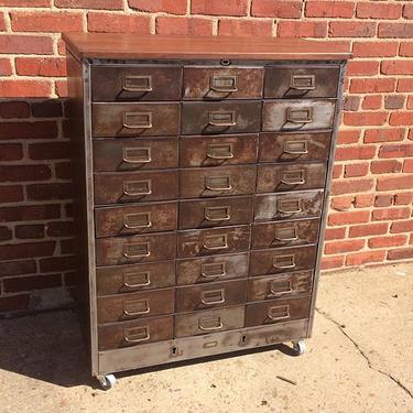 Vintage metal card catalog with great patina and wood top