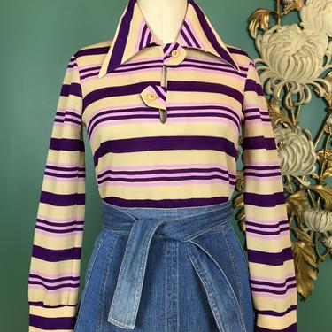 1970s shirt, Jantzen, vintage 70s top, purple striped shirt, polyester shirt, size medium, retro style, mod, pointed collar, 34 bust 