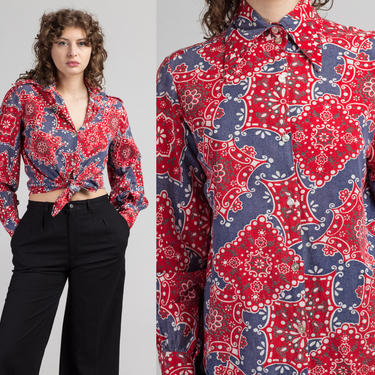 70s Floral Bandana Print Western Shirt - Large | Vintage Boho Americana Puff Sleeve Top 