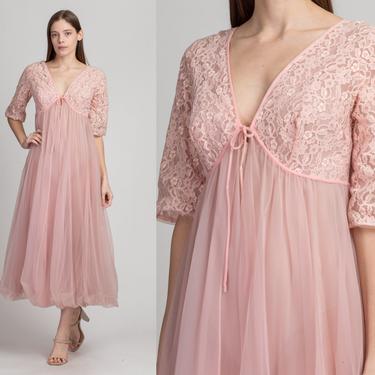 60s Sheer Pink Bubble Hem Peignoir Robe - Medium | Vintage Lace Maxi Negligee Dressing Gown 