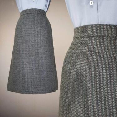 Vintage Wool Herringbone Skirt, Large / Basic Knee Length Pencil Skirt / 1980s Volup Vintage Gray Tweed Work Skirt 
