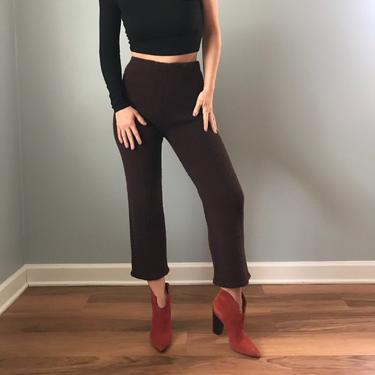 vintage 60s high waisted knit capri pants | cropped bell bottom chocolate brown pants 