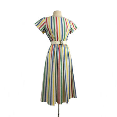 Vintage 80s striped cotton shirt dress/white with red green blue &amp; yellow vertical stripes/ Shirtmaker Dunloggin secretary dress 