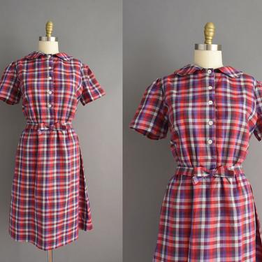 vintage 60s dress | Purple & Red Plaid Print Cotton Day Dress | Large | 1960s vintage dress 