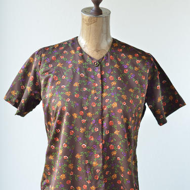 60s Vintage Brown Ditsy Calico Floral Blouse Poly Silk Mod Top Rockabilly Shirt Hippie Snaps Covered Button Snaps Brown Burnt Orange Purple 