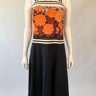 1970's Orange &amp; Black Flower Power Dress