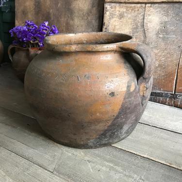 19th C Pottery Jug, Olive Jar, Redware Slip, Partial Glaze, Rustic Stoneware, Terra Cotta, Vase, Urn, Rustic European Farmhouse, Farm Table 