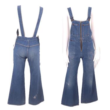 70s denim bell bottom overalls S XS  / vintage 1970s zip front denim jumpsuit one piece sz 2-4 
