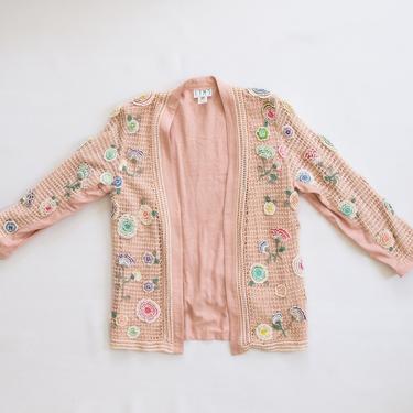Nellika Jacket — vintage silk noil jacket / pink raw silk floral statement jacket / 80s crocheted cotton lace jacket / open front jacket by fieldery