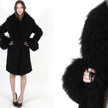Vintage 80s Marvin Richards Black Wool Coat Plush Tibetan Lamb Fur Collar Swing Winter Jacket 