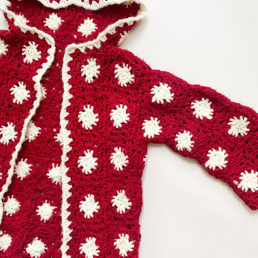 1970s Rich Red and Creme Granny Square Hooded Jacket 