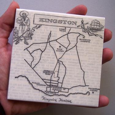 1967 Kingston Jamaica Map Coaster - Ceramic - Repurposed 1967 Encyclopedia of World Travel Page 