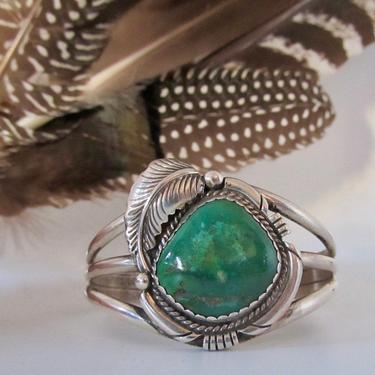 FINE FEATHER Vintage 70s Silver &amp; Green Royston Turquoise Cuff | 1970s Navajo Native American Style Bracelet 46g| Boho, Southwestern Jewelry 