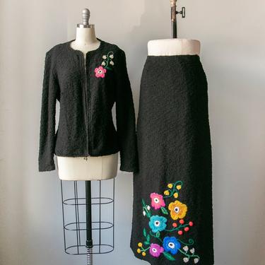 1970s Wool Knit Ensemble Cardigan Maxi Skirt S / XS 