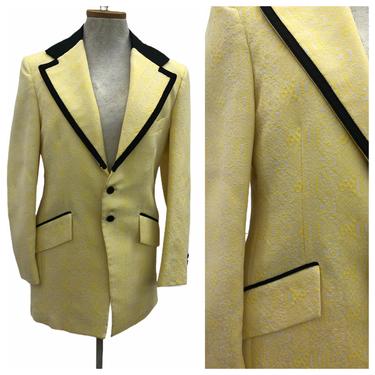Vintage VTG 1960s 1970s Yellow Brocade Tux Tuxedo Blazer Jacket 