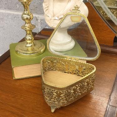 Vintage Jewelry Box Retro 1980s Hollywood Regency + 14 KT. Gold Metal + Triangle Shape + Clear Glass Top + Yellow Felt Lining + Ring Storage 