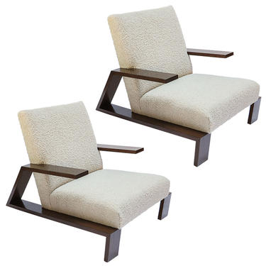 Pair of Custom Walnut Midcentury Style Armchairs in Beige Boucle