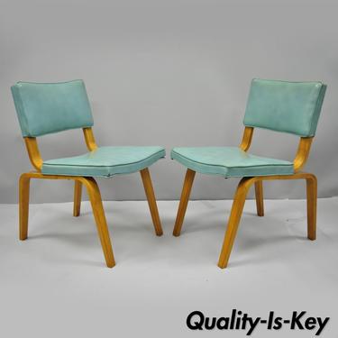 Vtg Pair Thonet Bentwood Aqua Blue Vinyl Dining Side Chairs Mid Century Modern