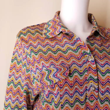 Vintage Rainbow Zig Zag Blouse, Medium / 1970s Multi Color Striped Blouse / Vintage Cocktail Party Blouse / Metallic Colorful Disco Shirt 