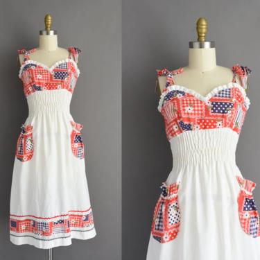 1970s vintage dress | Adorable Patchwork Print White Cotton Summer Sun Dress | Small Medium | 70s dress 
