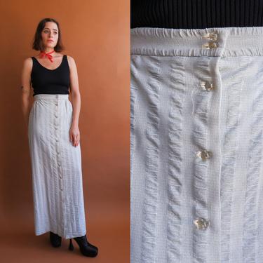 Vintage 70s Silver Striped Maxi Skirt with Clear Sphere Buttons/ 1970s Button Up Column Skirt/ Size Small 26 