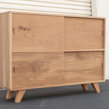 Solid White Oak Storage Unit with Sliding Doors | Mid-Century Modern Credenza Console 