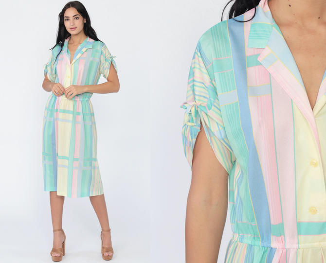 Seafoam Green and Pink Striped Top Medium 80's Fashion Vintage