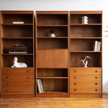 Vintage MCM Danish Modern Set of 3 Teak Bookcases / Storage Cabinets / Wall Unit with Hidden Desk 