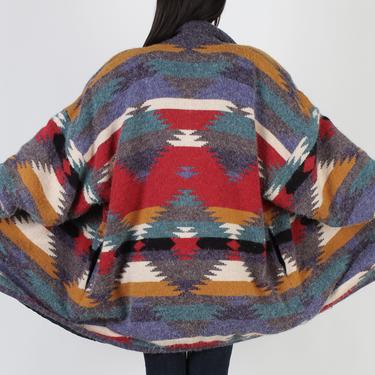 Oversized Southwestern Print Sweater / Vintage 80s Plush Knit Shawl Collar One Size Cardigan / Button Down Native American Style Jacket 