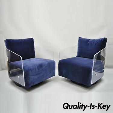 Mitchell Gold & Bob Williams Lucite Lucy Swivel Blue Club Lounge Chairs - a Pair
