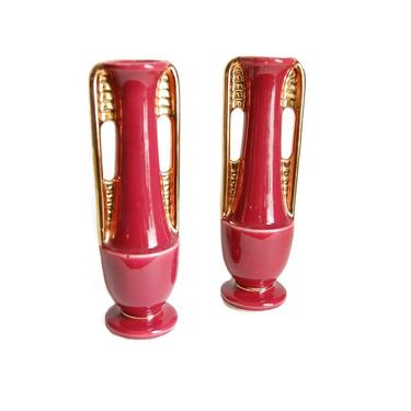 Shawnee Art Deco Bud Vase PAIR Vintage Vases &amp; Vessels Cranberry and Gold Retro Modernist Collectibles Midcentury Decor USA Pottery 1178 