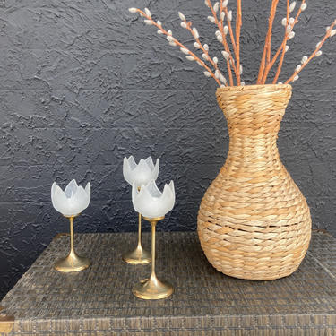Brass & Frosted Glass Tulip Candlestick Trio