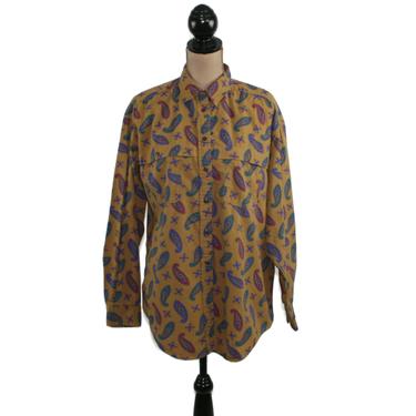 Brown Paisley Shirt Women Large XL Oversized Button Up Long Sleeve Cotton Print Top Collared Blouse Casual Clothes Vintage Clothing USA Made 