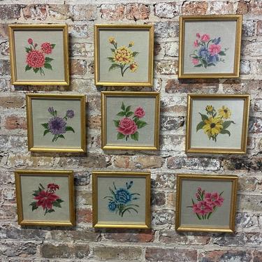 FREE SHIPPING Set of nine framed floral needlepoint art pieces 
