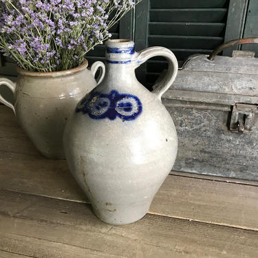 French Betschdorf Alsace Pottery Jug, Gray Gris Cobalt Blue Stoneware, Large Flower Vase, Kitchenalia, French Farmhouse Cuisine 