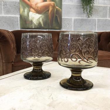 Vintage Wine Glasses Retro 1970s Libbey Tawny + Smokey Amber Glass + Set of 2 Matching + Stemmed + Goblets + Bar and Home Decor 