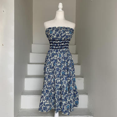 1950's Vintage Dresden Blue Floral Elasticized Bust Sun Dress 34&amp;quot; Bust 