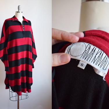 Vintage 1980s Norma Kamali Rugby Stripe Knit Dress | OS | Red and Black Stripe Relaxed Fit Nap Dress 