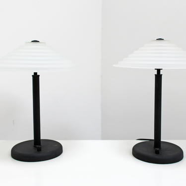 Postmodern Lamps Pair 80s Deco Revival Halogen Tempered Glass Cast Iron 
