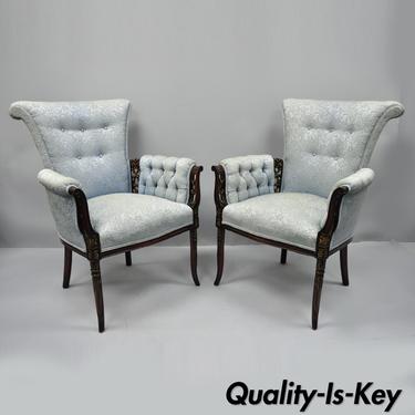 Pair Carved Mahogany Fireside Armchairs French Hollywood Regency Blue Chairs