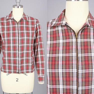 1950s Plaid Cotton Cropped Casual Jacket | Vintage 50s Red &amp; Brown Zip Front Workwear Jacket | xs / small 