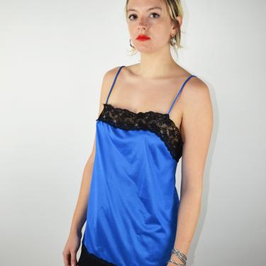 Vintage 80s Slip Top / 1980s Vintage Slip Blouse 1980s Lingerie Cami Camisole Tank Top Nightgown Pin Up Pinup Small Blue Black Lace Negligee 
