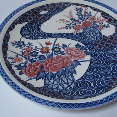 Large Blue Asian Motif Plate Japan Hand Painted Blue Plate Asian Serving Plate Japanese Ceramic Charger Blue Platter Decorative Plate 
