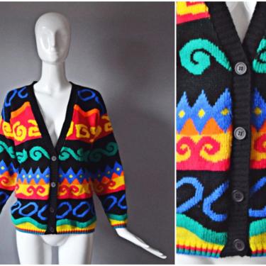 vtg 90s black + abstract colorful rainbow knit cardigan sweater | 1990s long sleeve oversize long sleeve button down artpop baggy sweater 