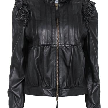 Red Valentino - Black Ruffled &amp; Pleated Zip-Up Leather Jacket Sz 6
